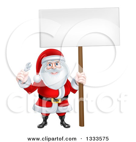 Clipart of a Happy Christmas Santa Holding an Adjustable Wrench and Blank Sign 2 - Royalty Free Vector Illustration by AtStockIllustration