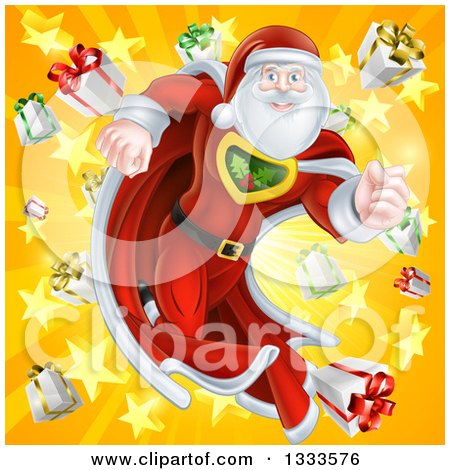 Clipart of a Super Hero Santa Claus Running in a Christmas Suit over a Star Burst with Gifts 2 - Royalty Free Vector Illustration by AtStockIllustration