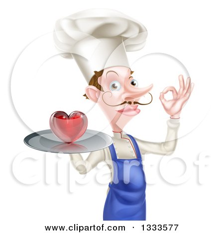 Clipart of a White Male Chef with a Curling Mustache, Holding a Heart on a Tray and Gesturing Ok - Royalty Free Vector Illustration by AtStockIllustration