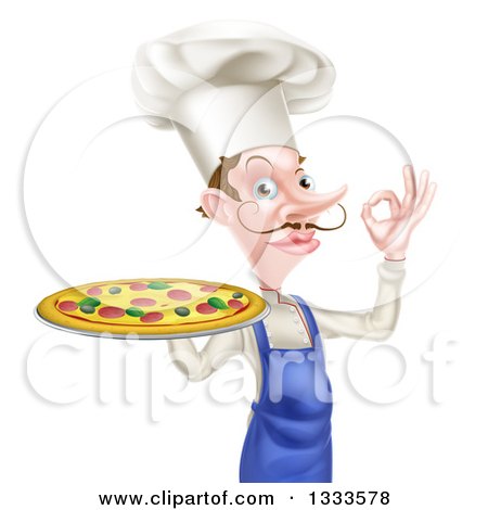 Clipart of a White Male Chef with a Curling Mustache, Holding a Pizza and Gesturing Ok - Royalty Free Vector Illustration by AtStockIllustration