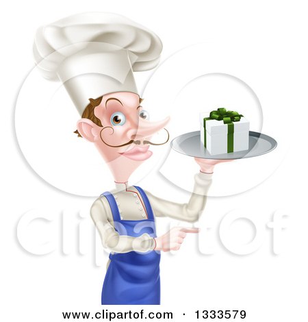 Clipart of a White Male Chef with a Curling Mustache, Holding a Gift on a Platter and Pointing - Royalty Free Vector Illustration by AtStockIllustration