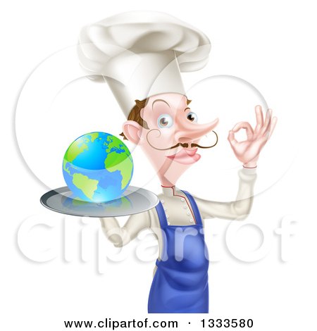 Clipart of a White Male Chef with a Curling Mustache, Holding Earth on a Platter and Gesturing Ok - Royalty Free Vector Illustration by AtStockIllustration