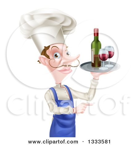 Clipart of a White Male Chef with a Curling Mustache, Pointing and Holding a Tray with Red Wine - Royalty Free Vector Illustration by AtStockIllustration