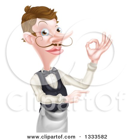 Clipart of a Cartoon Caucasian Male Waiter with a Curling Mustache, Gesturing Ok and Poiting - Royalty Free Vector Illustration by AtStockIllustration