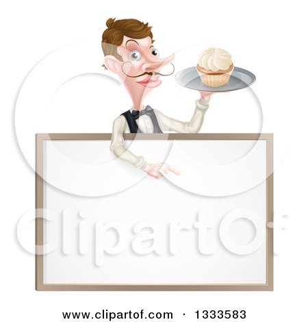 Clipart of a Cartoon Caucasian Male Waiter with a Curling Mustache, Holding a Cupcake on a Tray and Pointing down over a White Menu Sign Board - Royalty Free Vector Illustration by AtStockIllustration