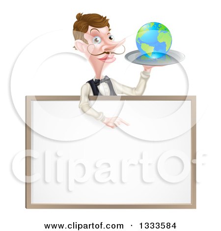 Clipart of a Cartoon Caucasian Male Waiter with a Curling Mustache, Holding Earth on a Tray and Pointing down over a Blank Menu Sign Board - Royalty Free Vector Illustration by AtStockIllustration
