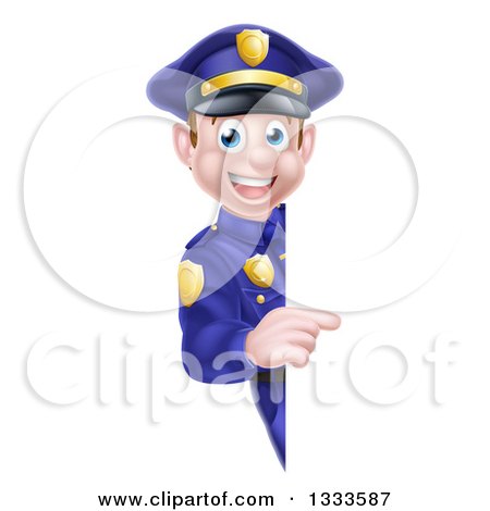 Clipart of a Cartoon Happy Caucasian Male Police Officer Pointing Around a Sign - Royalty Free Vector Illustration by AtStockIllustration