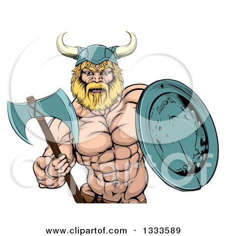 Clipart of a Cartoon Tough Muscular Blond Male Viking Warrior Holding an Axe and Shield - Royalty Free Vector Illustration by AtStockIllustration