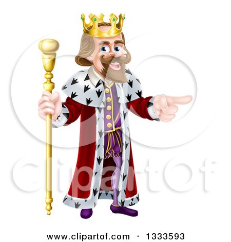 Clipart of a Happy Brunette Caucasian King Holding a Staff and Pointing to the Right - Royalty Free Vector Illustration by AtStockIllustration