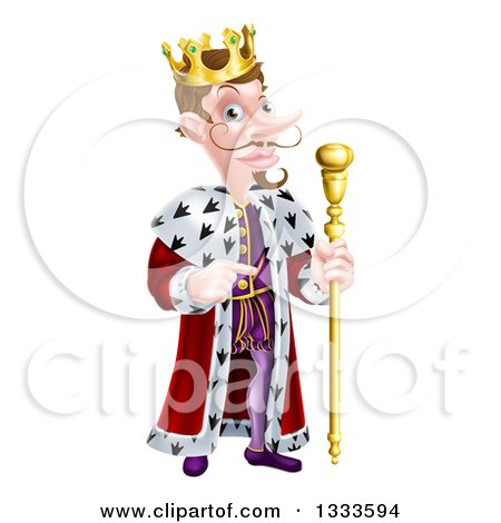 Clipart of a Happy Brunette Caucasian King with a Curling Mustache, Holding a Staff and Pointing to the Right - Royalty Free Vector Illustration by AtStockIllustration