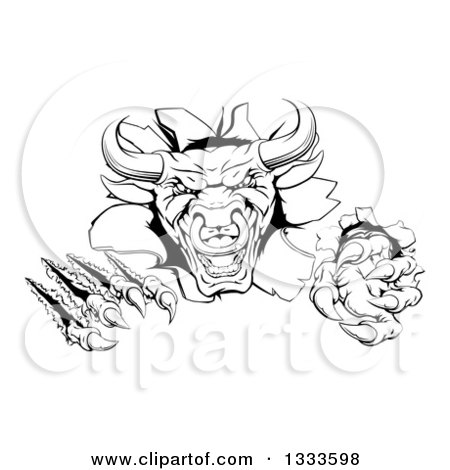 Clipart of a Black and White Mad Aggressive Bull Monster Clawing Through a Wall 2 - Royalty Free Vector Illustration by AtStockIllustration