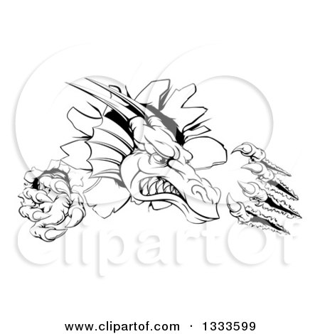 Clipart of a Black and White Vicious Dragon Mascot Head Shredding Through a Wall 2 - Royalty Free Vector Illustration by AtStockIllustration