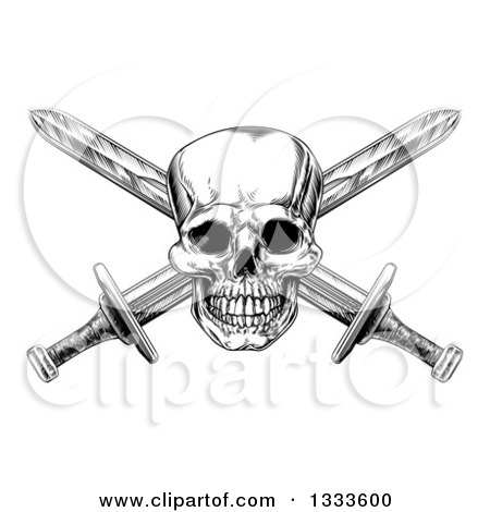 Clipart of a Black and White Engraved Pirate Skull and Cross Swords 2 - Royalty Free Vector Illustration by AtStockIllustration
