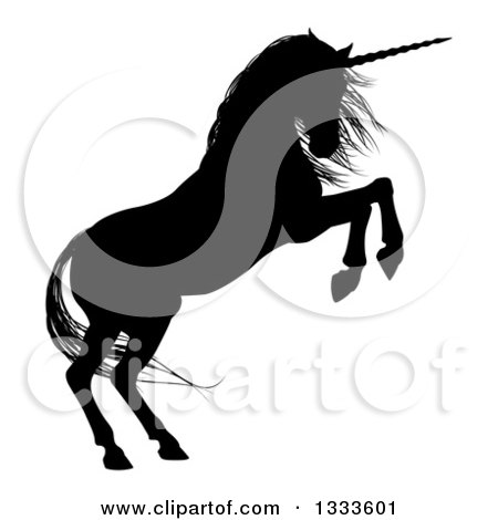 Clipart of a Black Silhouetted Rearing Unicorn in Profile, Facing Right 2 - Royalty Free Vector Illustration by AtStockIllustration