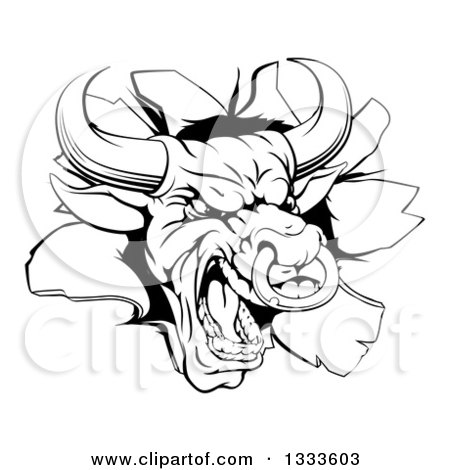 Clipart of a Vicious Snarling Aggressive Black and White Bull Breaking Through a Wall 2 - Royalty Free Vector Illustration by AtStockIllustration