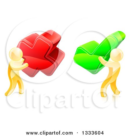 Clipart of 3d Right and Wrong Gold Men Carrying X and Check Marks 2 - Royalty Free Vector Illustration by AtStockIllustration