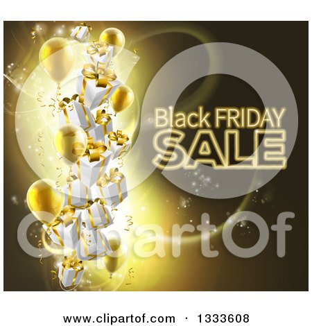 Clipart of a Neon Black Friday Sale Text with 3d Party Balloons and Floating Gifts on Gold and Black - Royalty Free Vector Illustration by AtStockIllustration