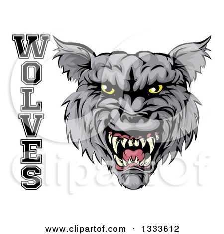 Clipart of a Ferocious Gray Wolf Mascot Head and Text - Royalty Free Vector Illustration by AtStockIllustration