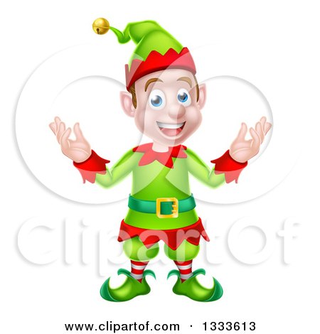 Clipart of a Welcoming Young Brunette White Male Christmas Elf 2 - Royalty Free Vector Illustration by AtStockIllustration