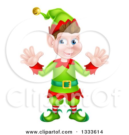 Clipart of a Welcoming Young Brunette White Male Christmas Elf Waving with Both Hands - Royalty Free Vector Illustration by AtStockIllustration