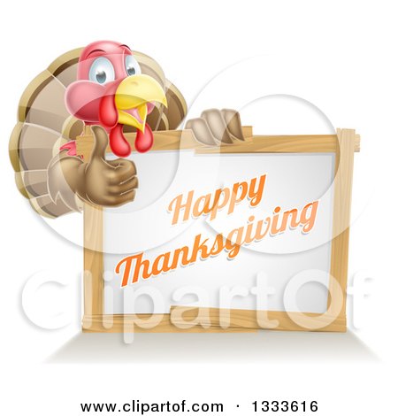 Clipart of a Happy Thanksgiving Turkey Bird Giving a Thumb up over a Greeting Board Sign - Royalty Free Vector Illustration by AtStockIllustration