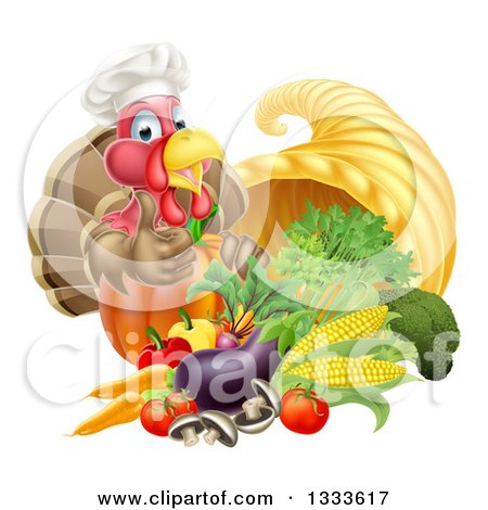 Clipart of a Chef Turkey Bird Giving a Thumb up over a Pumpkin and Harvest Cornucopia - Royalty Free Vector Illustration by AtStockIllustration