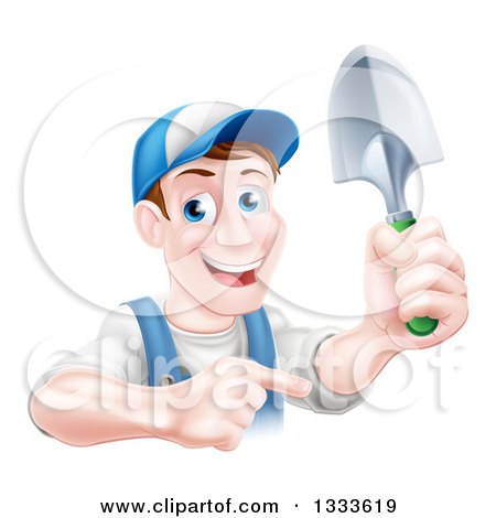 Clipart of a Brunette White Male Gardener in Blue, Holding up a Shovel and Pointing - Royalty Free Vector Illustration by AtStockIllustration