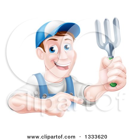 Clipart of a Middle Aged Brunette White Male Gardener in Blue, Holding up a Garden Fork and Pointing - Royalty Free Vector Illustration by AtStockIllustration