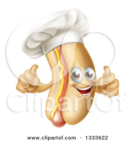 Clipart of a Cartoon Happy Chef Hot Dog Mascot with a Strip of Mustard, Giving Two Thumbs up - Royalty Free Vector Illustration by AtStockIllustration