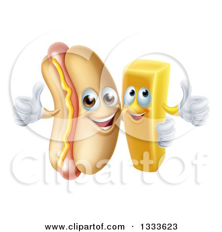 Clipart of a Cartoon Happy Hot Dog Mascot and French Fry Character Giving Thumbs up - Royalty Free Vector Illustration by AtStockIllustration