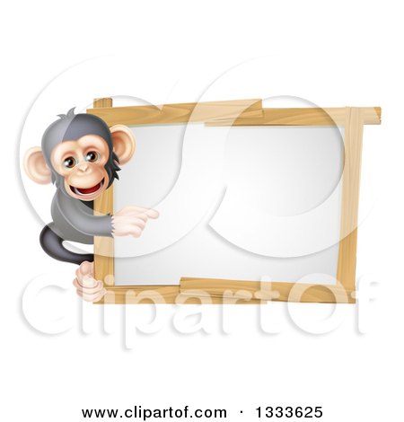 Clipart of a Cartoon Black and Tan Happy Baby Chimpanzee Monkey Pointing Around a Blank White Sign Framed in Wood - Royalty Free Vector Illustration by AtStockIllustration