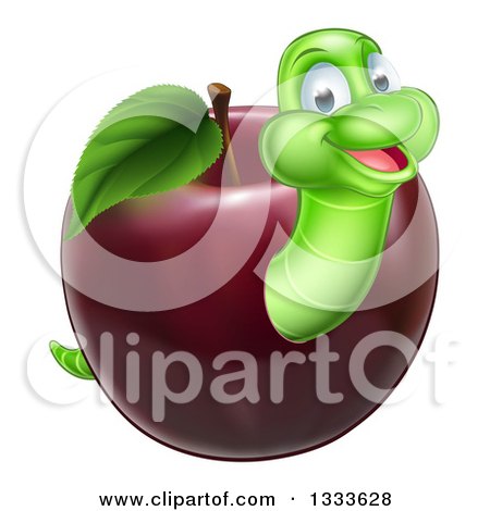 Clipart of a Happy Green Worm Emerging from a Red Apple - Royalty Free Vector Illustration by AtStockIllustration