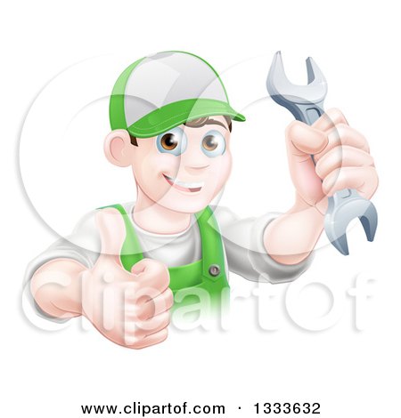 Clipart of a Happy Young Brunette Caucasian Mechanic Man in Green, Wearing a Baseball Cap, Holding a Wrench and Thumb up - Royalty Free Vector Illustration by AtStockIllustration