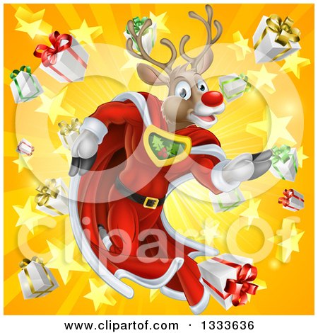 Clipart of a Super Hero Rudolph Red Nosed Reindeer Running in a Cape over a Star and Gift Burst - Royalty Free Vector Illustration by AtStockIllustration