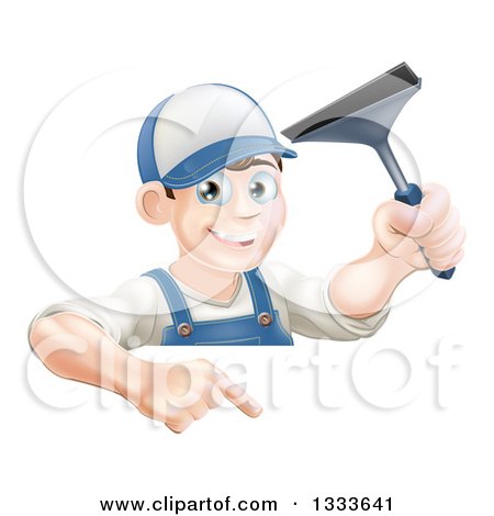 Clipart of a Happy Young Brunette Caucasian Window Cleaner Man Holding a Squeegee and Pointing down over a Sign - Royalty Free Vector Illustration by AtStockIllustration
