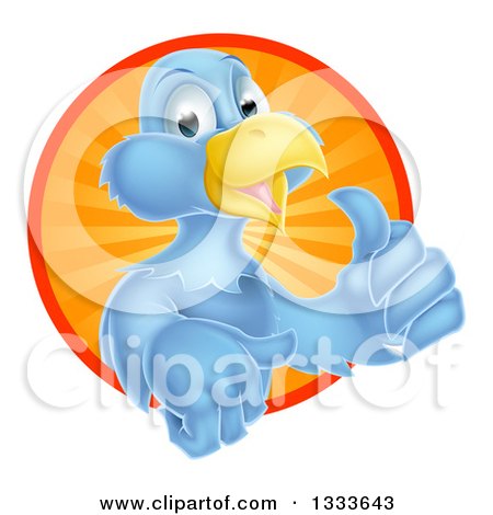 Clipart of a Pleased Blue Bird Character Giving a Thumb up and Emerging from a Circle of Sunshine 2 - Royalty Free Vector Illustration by AtStockIllustration