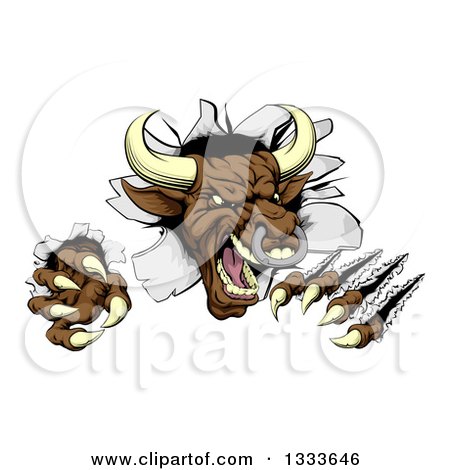 Clipart of a Mad Aggressive Clawed Bull Monster Slashing Through a Wall 2 - Royalty Free Vector Illustration by AtStockIllustration