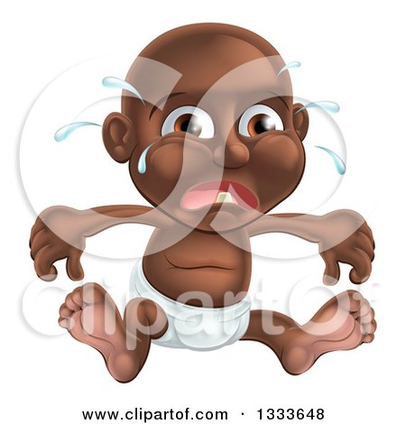 Clipart of a Crying Black Baby Boy Sitting in a Diaper - Royalty Free Vector Illustration by AtStockIllustration