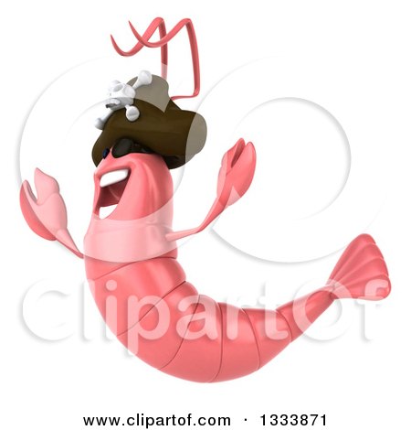 Clipart of a 3d Pink Shrimp Pirate Facing Left and Jumping - Royalty Free Illustration by Julos