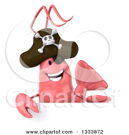 Clipart of a 3d Pink Shrimp Pirate over a Sign - Royalty Free Illustration by Julos