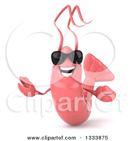 Clipart of a 3d Pink Shrimp Wearing Sunglasses and Welcoming - Royalty Free Illustration by Julos