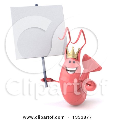 Clipart of a 3d Pink King Shrimp Holding a Blank Sign - Royalty Free Illustration by Julos