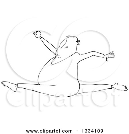 Lineart Clipart of a Cartoon Black and White Chubby Man Leaping and Doing the Splits - Royalty Free Outline Vector Illustration by djart