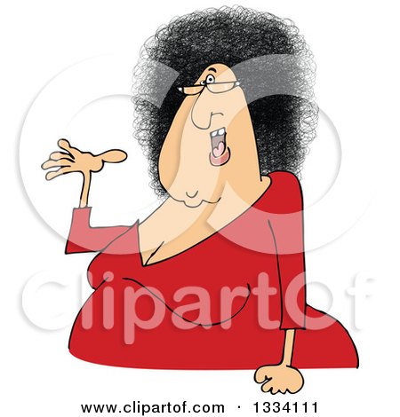 Clipart of a Cartoon Chubby Presenting White Woman with Glasses and an Afro Hair Style - Royalty Free Vector Illustration by djart