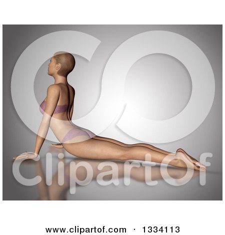 Clipart of a 3d Fit Caucasian Woman Stretching in a Cobra Yoga Pose, on Gray - Royalty Free Illustration by KJ Pargeter