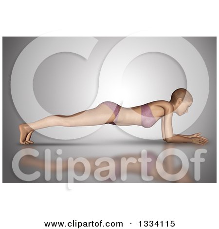 Clipart of a 3d Fit Caucasian Woman Stretching in a Yoga Plank Pose, on Gray - Royalty Free Illustration by KJ Pargeter