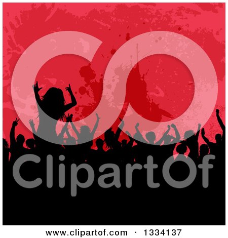 Clipart of a Silhouetted Dancing and Cheering Concert Crowd over Red Grungy Splatters - Royalty Free Vector Illustration by KJ Pargeter