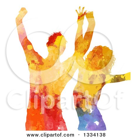 Clipart of a Colorful Paint Splatter Silhouetted Woman and Man Dancing on White - Royalty Free Vector Illustration by KJ Pargeter