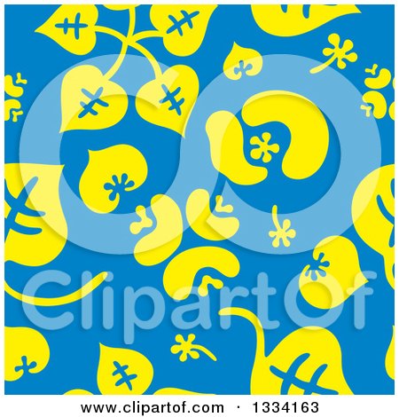 Clipart of a Seamless Background Pattern of Yellow Leaves and Flowers over Blue - Royalty Free Vector Illustration by Cherie Reve