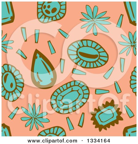 Clipart of a Seamless Background Pattern of Turquoise and Brown Flowers and Gems over Salmon Pink - Royalty Free Vector Illustration by Cherie Reve